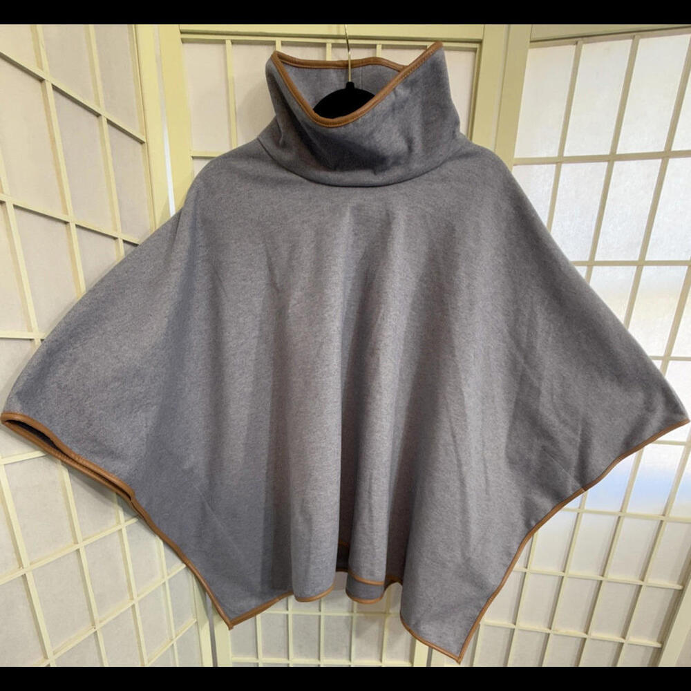 Tuckernuck Leather Trim Funnel Neck Piper Poncho Quiet Luxury Minimalist Blue OS